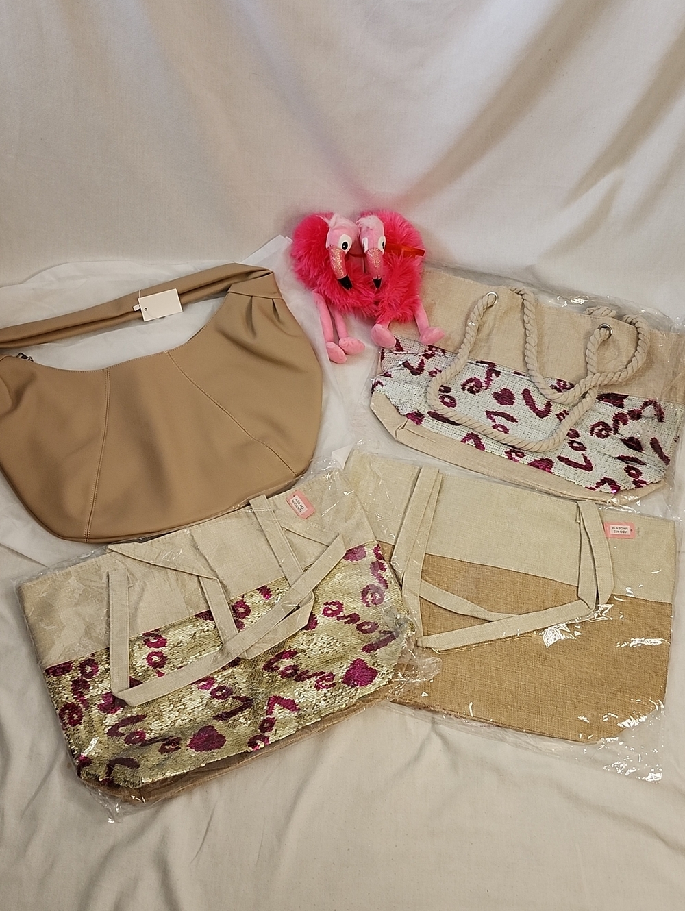 Sequin "LOVE" Canvas Totes, Large Slouch Bag with Flamingo Plushies